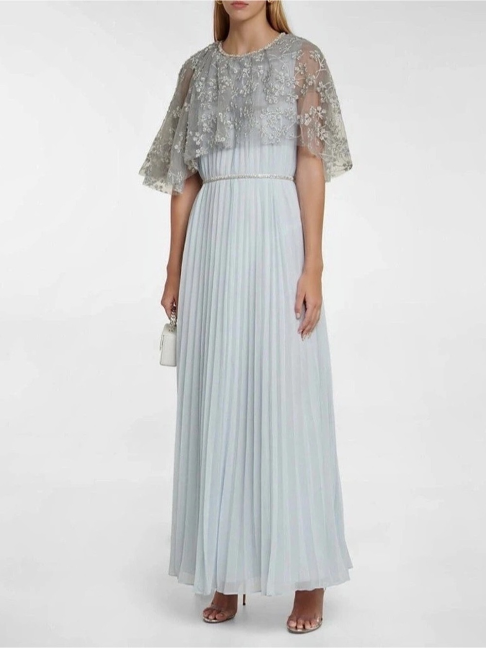 Self-Portrait Embellished Cape-Detail Chiffon Gown Blue